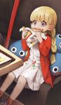  1girl bangs blonde_hair blue_eyes braid dragon_quest dragon_quest_xi earrings eating food hamburger jewelry jun_(seojh1029) long_hair open_mouth slime_(dragon_quest) solo twin_braids veronica_(dq11) 