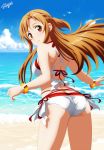  1girl absurdres alternate_costume artist_name ass asuna_(sao) bangs bare_legs bare_shoulders beach benjoerres bikini bird blue_sky braid breasts brown_eyes brown_hair commentary day double_bikini earrings english_commentary from_behind highres jewelry long_hair looking_at_viewer medium_breasts ocean red_bikini red_bikini_bottom red_bikini_top side-tie_bikini sky solo swimsuit sword_art_online water white_bikini white_bikini_bottom white_bikini_top 