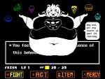  anthro asriel_dreemurr asriel_dreemurr_(god_form) belly big_belly bitterbosc boss_monster bovid caprine clothed clothing food fur goat horn looking_at_viewer male mammal moobs morbidly_obese navel obese overweight simple_background undertale video_games white_fur 