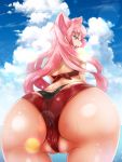  1girl aimo_(aimo1214) ass bent_over bikini blue_eyes blue_sky cameltoe cloud commentary_request day from_behind highres huge_ass layered_bikini long_hair looking_at_viewer looking_back maria_cadenzavna_eve open_mouth outdoors pink_hair red_bikini senki_zesshou_symphogear shiny shiny_hair shiny_skin sky smile solo standing swimsuit teeth very_long_hair wet wide_hips 
