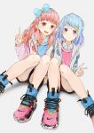  2girls aikatsu!_(series) aikatsu_friends! bangs blue_bow blue_hair blunt_bangs blush bow braid brown_eyes collared_shirt commentary gradient_hair grey_background hair_bow hair_ornament hairband hand_holding highres hood hoodie interlocked_fingers knees_together_feet_apart long_hair looking_at_viewer minato_mio multicolored_hair multiple_girls nike open_clothes open_hoodie open_mouth orange_hair pink_hair purple_eyes purple_hair remil round_teeth shirt shoes short_hair shorts simple_background sitting smile sneakers sportswear star star_hair_ornament sweater swept_bangs teeth undershirt upper_teeth v white_shirt wing_collar yuuki_aine zipper 