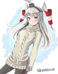  1girl amatsukaze_(kantai_collection) bangs blush breasts closed_mouth contrapposto cowboy_shot dutch_angle grey_hair hair_tubes head_tilt kantai_collection long_hair long_sleeves looking_at_viewer retorillo signature smile solo sweater turtleneck turtleneck_sweater 