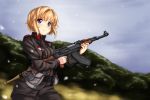  1girl a9b_(louis814) ak-47 assault_rifle belt blonde_hair blue_eyes blurry blurry_background commentary_request gun holding holding_gun holding_weapon military military_uniform original outdoors rifle short_hair snowing solo soviet_union uniform weapon 