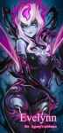 1girl blue_skin breasts character_name claws cleavage darkness drogod evelynn facial_mark fiery_hair hair_over_breasts heart_cutout highres league_of_legends looking_down multicolored_hair sidelocks slit_pupils smile solo tentacle white_hair yellow_eyes 