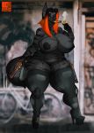  absurd_res anthro big_breasts breasts canid canine cigar clothing curvaceous djpuppeh female gun handgun hi_res huge_breasts legwear looking_at_viewer mammal nipples pistol ranged_weapon slightly_chubby smile smoke solo standing stockings thick_thighs weapon 