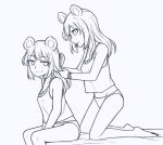  2girls animal_ears bare_legs bare_shoulders barefoot bear_ears between_legs brushing_another&#039;s_hair camisole eyebrows_visible_through_hair eyes_visible_through_hair from_side greyscale hair_brush hair_down hair_tie_in_mouth hand_between_legs kneeling lineart long_hair looking_at_another monochrome mouth_hold multiple_girls nieve_(rabi_ribi) nixie_(rabi_ribi) no_pants panties rabi-ribi siblings simple_background sisters sitting smile spaghetti_strap speckticuls underwear white_background wristband 