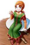  1girl blue_eyes blush breasts commentary_request curly_hair dragon_quest dragon_quest_vii dress hat highres hood long_hair looking_at_viewer maribel_(dq7) red_hair smile solo 
