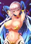  1girl armlet armor armpits arms_behind_head bangs bare_shoulders bikini_armor blush breasts cleavage closed_mouth collar earrings fate/grand_order fate_(series) flower hair_between_eyes hair_ribbon highres hip_focus jewelry kama_(fate/grand_order) large_breasts long_hair looking_at_viewer metal_collar navel red_eyes ribbon rothy_(user_cezn8425) silver_hair smile solo sparkle very_long_hair 