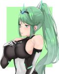 1girl armor bangs bare_shoulders breasts commentary elbow_gloves gem gloves green_background green_eyes green_hair hair_ornament headpiece j@ck jewelry large_breasts long_hair nintendo open_mouth pneuma_(xenoblade_2) ponytail pose sideboob simple_background solo spoilers swept_bangs tiara upper_body very_long_hair white_background xenoblade_(series) xenoblade_2 