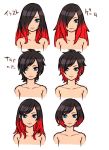  1girl bare_shoulders black_hair blue_eyes collarbone crow_(gravity_daze) gravity_daze gravity_daze_2 hair_over_one_eye long_hair looking_at_viewer multicolored_hair nude red_hair short_hair solo two-tone_hair 