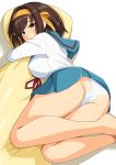  1girl ass back blush breasts brown_eyes brown_hair dakimakura_(object) hairband haruhisky highres lace lace-trimmed_panties looking_at_viewer medium_hair panties pillow pleated_skirt school_uniform serafuku skirt solo suzumiya_haruhi suzumiya_haruhi_no_yuuutsu underwear white_panties 