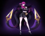  1girl arm_behind_head armpits bare_legs bare_shoulders breasts contrapposto darkness detached_sleeves drogod ears evelynn full_body fur_trim hair_ornament hand_on_hip high-waist_skirt high_heels jewelry k/da_(league_of_legends) k/da_evelynn large_breasts league_of_legends lips lipstick looking_at_viewer makeup microphone necklace pencil_skirt pink_hair pink_lips shirt skin_tight skirt sleeveless sleeveless_shirt smile solo tentacle yellow_eyes 