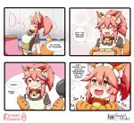  1girl :3 animal_ear_fluff animal_ears apron bell bell_collar box breasts bubble_wrap cardboard_box cat_paws collar english_text eyes_closed fangs fate/grand_order fate_(series) fox_ears fox_girl fox_tail frying_pan gloves hair_ribbon heart heart-shaped_pupils highres jingle_bell keita_naruzawa large_breasts long_hair maid maid_apron maid_headdress open_mouth package paw_gloves paws pink_hair ponytail red_ribbon ribbon saliva saliva_trail sitting solo speech_bubble symbol-shaped_pupils tail tamamo_(fate)_(all) tamamo_cat_(fate) waist_apron white_apron yellow_eyes 