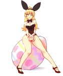  1girl animal animal_ears bare_shoulders black_footwear black_hairband black_leotard black_neckwear blonde_hair blue_eyes bow bowtie breasts bunny bunny_ears bunny_girl commentary easter_egg egg empty_eyes english_commentary fake_animal_ears full_body hairband holding holding_animal katawa_shoujo large_breasts legs leotard long_hair looking_at_viewer ponytail rtil satou_lilly shoes simple_background sitting smile solo white_background 