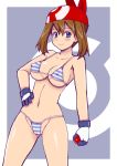  1girl bandanna bikini blue_eyes breasts brown_hair collarbone cowboy_shot creatures_(company) eyebrows_visible_through_hair game_freak gloves groin hair_between_eyes haruka_(pokemon) looking_at_viewer medium_breasts medium_hair nintendo pokemon pokemon_(game) pokemon_rse solo swimsuit tsumitani_daisuke 