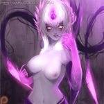  1girl blue_skin breasts darkness evelynn eyebrows eyebrows_visible_through_hair fiery_hair finger_to_mouth league_of_legends leyu lips looking_to_the_side medium_breasts multicolored_hair nipples nose patreon_logo patreon_username sidelocks slit_pupils solo teeth tentacle topless upper_body white_hair yellow_eyes 