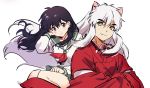  1boy 1girl animal_ears black_hair brown_eyes crossed_arms dog_ears fang highres higurashi_kagome inuyasha inuyasha_(character) japanese_clothes jewelry long_hair mery_(apfl0515) necklace school_uniform serafuku smile upper_body white_hair yellow_eyes 