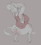  anthro big_breasts big_butt bovid bovine breasts butt cattle female greyscale hands_behind_head hi_res huge_breasts looking_back mammal monochrome nipple_outline sitting solo thick_thighs yogoat 