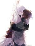  2boys arms_around_back brown_hair eyes_closed fingerless_gloves gloves granblue_fantasy highres kiss lucifer_(shingeki_no_bahamut) male_focus multiple_boys preline sandalphon_(granblue_fantasy) short_hair white_hair yaoi 