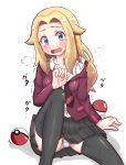  1girl absurdres belly blonde_hair blue_eyes blush creatures_(company) eyebrows game_freak highres jacket long_hair nintendo open_mouth panties pokeball pokemon pokemon_swsh shirt simple_background skirt solo stomach underwear unnamed_girl_(pokemon_swsh) white_background 