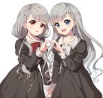  2girls :d :o absurdres bangs black_jacket black_ribbon black_skirt blue_eyes blush bow braid brown_hair collared_shirt commentary_request dress_shirt earrings eyebrows_visible_through_hair fingernails grey_hair hair_ribbon hand_holding hand_up head_tilt heart heart_hands heart_hands_duo highres hisakawa_hayate hisakawa_nagi idolmaster idolmaster_cinderella_girls jacket jewelry juliet_sleeves long_hair long_sleeves looking_at_viewer multiple_girls open_mouth pleated_skirt puffy_sleeves rangen red_bow ribbon shirt siblings simple_background sisters skirt smile twins very_long_hair white_background white_shirt 