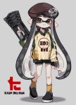  1girl beret black_footwear black_hair black_shorts brown_eyes brown_headwear closed_mouth domino_mask full_body hand_up hat holding inkling inkling_(language) long_hair long_sleeves looking_at_viewer maco_spl mask orange_legwear pointy_ears shoes shorts sleeves_past_wrists smile socks solo splatoon splatoon_(series) splatoon_2 splattershot_jr_(splatoon) standing suction_cups tentacle_hair toni_kensa_(splatoon) trigger_discipline 