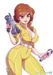  1girl 90s april_o&#039;neil belt blush breasts brown_eyes brown_hair buckle camera cleavage cowboy_shot holding holding_camera holding_microphone jumpsuit kajin_(kajinman) large_breasts lips looking_at_viewer makeup medium_breasts microphone number pocket reporter short_hair simple_background smile solo standing teenage_mutant_ninja_turtles unzipped video_camera wide_hips zipper 