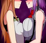  apron asymmetrical_docking bare_shoulders blush breast_press breasts brown_hair dagashi_kashi dark_background drooling embarrassed endou_saya hair_ribbon hidden_eyes highres huge_breasts large_breasts long_hair necktie purple_hair ribbon saliva shidare_hotaru shiny shiny_skin shirt short_hair sidelocks small_breasts suspenders sweat sweatdrop the_only_shoe tongue tongue_out wavy_mouth 