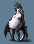  2019 anthro areola belly big_belly black_skin blue_eyes breasts claws dragon female hand_on_stomach hi_res horn looking_at_viewer navel nipples non-mammal_breasts nude outie_navel pregnant primeval_instinct simple_background tongue tongue_out white_skin wings wyvern zera_stormfire 