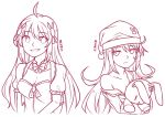  2girls :d ahoge bangs bow bowtie character_name collarbone detached_collar doll_hug expressionless eyebrows_visible_through_hair eyes_visible_through_hair frown hair_between_eyes hair_ornament hat lineart long_hair looking_at_viewer messy_hair miru_(rabi_ribi) multiple_girls nightcap off_shoulder open_mouth pom_pom_(clothes) puffy_short_sleeves puffy_sleeves rabi-ribi rumi_(rabi_ribi) short_sleeves siblings simple_background sisters smile speckticuls stuffed_animal stuffed_bunny stuffed_toy upper_body white_background x_hair_ornament 