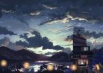  ambiguous_gender bed black_hair blue_sky building choc0_(oda0208) cloud facing_away fan highres lake monitor mountain night night_sky on_roof original scenery shorts sitting sky solo weather_vane window 