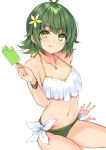  1girl :p ahoge bangs bare_shoulders bikini blush bracelet breasts closed_mouth collarbone commentary_request cowboy_shot cu-no eating eyebrows_visible_through_hair flower food green_eyes green_hair hair_between_eyes hair_flower hair_ornament hisenkaede holding ice_cream jewelry looking_at_viewer nail_polish navel necklace nonono_futaba original short_hair side-tie_bikini simple_background sitting small_breasts smile solo swimsuit thighs tongue tongue_out white_background 