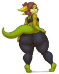  2019 anthro big_butt breasts brown_hair bulge butt clothed clothing dickgirl fully_clothed hair hi_res intersex looking_at_viewer looking_back macropod mammal marsupial simple_background smile solo standing thick_thighs white_background wizzikt 