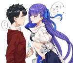  1boy 1girl arms_behind_back black_hair blue_eyes eye_contact eyebrows_visible_through_hair fate/grand_order fate_(series) flat_chest fujimaru_ritsuka_(male) hair_ribbon high_collar long_hair looking_at_another meltlilith michihasu navel purple_hair red_sweater ribbon sleeves_past_fingers sleeves_past_wrists sweater translation_request very_long_hair white_background 