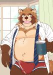  2019 anthro belly blush bulge canid canine clothed clothing english_text erection fangs hi_res humanoid_hands male mammal moobs navel necktie nipples open_shirt raccoon_dog ryuta-h shirt slightly_chubby solo tanuki tenting text underwear 