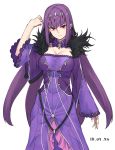  1girl bangs breasts cleavage closed_mouth dated dress eyebrows eyebrows_visible_through_hair eyelashes fate/grand_order fate_(series) feather_trim female fur_trim hair_between_eyes headpiece large_breasts light_smile long_hair long_sleeves looking_at_viewer michihasu purple_dress purple_hair red_eyes scathach_(fate)_(all) scathach_skadi_(fate/grand_order) simple_background solo standing tiara very_long_hair wand white_background wide_sleeves 