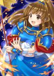  1girl :d arle_nadja arm_guards armor bangs blue_armor blue_skirt breastplate brown_eyes brown_hair cape eyebrows_visible_through_hair holding holding_staff long_hair madou_monogatari moriya_ako open_mouth pauldrons ponytail puyopuyo round_teeth sidelocks skirt smile solo staff teeth turtleneck wide_ponytail 