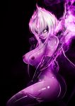  1girl arms_between_legs breasts darkness evelynn fiery_hair large_breasts league_of_legends looking_at_viewer multicolored_hair nipples nude pink_skin sidelocks slit_pupils smile smoke solo tentacle white_hair wing_r yellow_eyes 