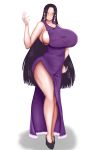  1girl bare_shoulders black_hair boa_hancock breasts dress full_body highres huge_breasts jewerly long_dress long_hair one_piece sideboob smile solo standing 