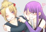  2girls absurdres arm_around_back bare_shoulders blonde_hair blush breasts collarbone detached_sleeves embarrassed eyebrows_visible_through_hair folded_ponytail gintama glasses grin hand_on_another&#039;s_shoulder highres japanese_clothes kimono large_breasts long_hair multiple_girls one_eye_closed paleatus purple_eyes purple_hair red-framed_eyewear sarutobi_ayame scar scarf simple_background smile tsukuyo_(gintama) 