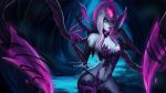  1girl asteltainn blue_skin breasts claws cleavage darkness evelynn fiery_hair hand_to_own_mouth highres league_of_legends looking_to_the_side medium_breasts multicolored_hair navel patreon_username sidelocks signature slit_pupils solo tentacle white_hair yellow_eyes 
