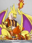  abdominal_bulge amphibian anal anal_penetration anthro big_dom_small_sub big_penis bulge charizard clothed clothing colored_sketch cum cum_in_ass cum_inflation cum_inside cum_on_ground cum_while_penetrated duo erection hi_res inflation knot male male/male messy nintendo nude open_mouth penetration penis penis_outline pok&eacute;mon pok&eacute;mon_(species) sex sitting size_difference sonsasu video_games 