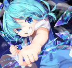  1girl absurdres blue_dress blue_eyes blue_hair blue_nails bow cirno clenched_hands clenched_teeth close-up cloud commentary_request crystal_sword dated dress face grin gunjou_row hair_between_eyes hair_bow head_tilt highres holding holding_weapon ice looking_at_viewer nail_polish outstretched_arm pinafore_dress puffy_short_sleeves puffy_sleeves reverse_grip shirt short_hair short_sleeves signature sky smile solo star_(sky) starry_sky sword teeth thick_eyebrows touhou uneven_eyes upper_body weapon white_shirt 