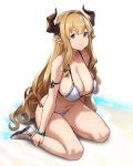  1girl armlet bare_legs bikini blonde_hair blue_eyes bracelet breasts cleavage closed_mouth draph full_body granblue_fantasy hair_intakes highres horns houtengeki huge_breasts jewelry long_hair looking_at_viewer navel pointy_ears rastina sidelocks simple_background sitting smile solo string_bikini swimsuit thighs very_long_hair white_bikini 