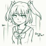  1girl bangs bow bowtie english_text eyebrows_visible_through_hair eyes_visible_through_hair green_theme hair_ornament hair_ribbon hairclip lineart looking_at_viewer monochrome rabi-ribi ribbon sad saya_(rabi_ribi) short_hair solo speckticuls twintails upper_body wing_hair_ornament 