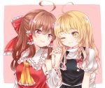  2girls ahoge ascot bangs blonde_hair blouse blush bow braid breasts brown_hair commentary detached_sleeves eye_contact eyebrows frilled_ascot frilled_ribbon frilled_shirt_collar frills hair_bow hair_ribbon hair_tubes hakurei_reimu hand_holding interlocked_fingers kirisame_marisa large_bow long_hair looking_at_another multiple_girls one_eye_closed pink_background puffy_short_sleeves puffy_sleeves red_eyes ribbon ribbon-trimmed_sleeves ribbon_trim sash short_sleeves side-by-side side_braid single_braid skirt skirt_set small_breasts spring_666 straight_hair touhou tress_ribbon vest wavy_hair yellow_eyes yellow_neckwear yuri 