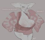  anthro big_breasts bokoblin breasts cleavage clothed clothing dialogue english_text female greyscale hi_res huge_breasts looking_at_viewer mammal monochrome nintendo smile solo standing suina text the_legend_of_zelda video_games yogoat 