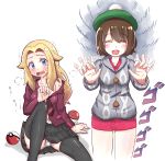  2girls absurdres belly beret blonde_hair blue_eyes blush brown_hair creatures_(company) eyebrows female_protagonist_(pokemon_swsh) game_freak hat highres jacket long_hair multiple_girls nintendo open_mouth panties pokeball pokemon pokemon_swsh shirt short_hair simple_background skirt stomach sweater underwear unnamed_girl_(pokemon_swsh) white_background 