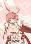  1girl absurdres ascot bana_(stand_flower) bangs blush breasts buckle cleavage cleavage_cutout clover elphelt_valentine flower four-leaf_clover gloves green_neckwear guilty_gear guilty_gear_xrd hairband hands_on_own_thighs heart highres large_breasts leaning_forward pink_background pink_eyeshadow pink_hair pink_ribbon puffy_sleeves red_ribbon ribbon rose short_hair shoulder_spikes smile smirk spiked_gloves spiked_hairband spikes v_arms white_gloves 