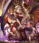  1girl 77gl armlet aura bangs blush breasts candlestand capelet chandelier cleavage demon_girl demon_horns demon_tail demon_wings dress fire floating_hair gold_trim grey_hair grin head_wings holding_tail horns indoors large_breasts long_hair looking_at_viewer official_art pelvic_curtain pointy_ears red_dress red_eyes shadowverse shoes sidelocks smile succubus tail thighhighs watermark wind wings wyrm 